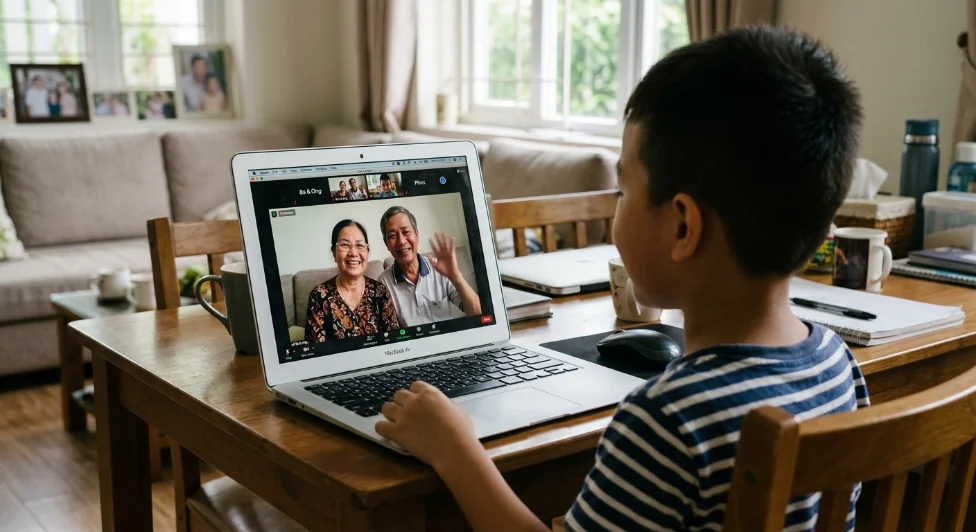 Een kind lacht tijdens een videogesprek met de grootouders